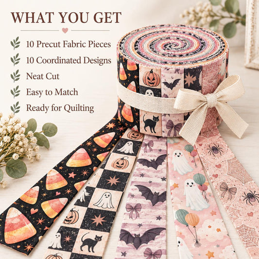 10pcs Vintage Ghost Halloween Pumpkin Theme Jelly Roll Fabric Strips 2.5X19.7inch Pre-Cut 100% Polyester For Patchwork Quilts, Table Runners, Placemats, Tote Bags, Storage Pouches, Makeup Bags, Coasters, Quilt Blocks & Binding