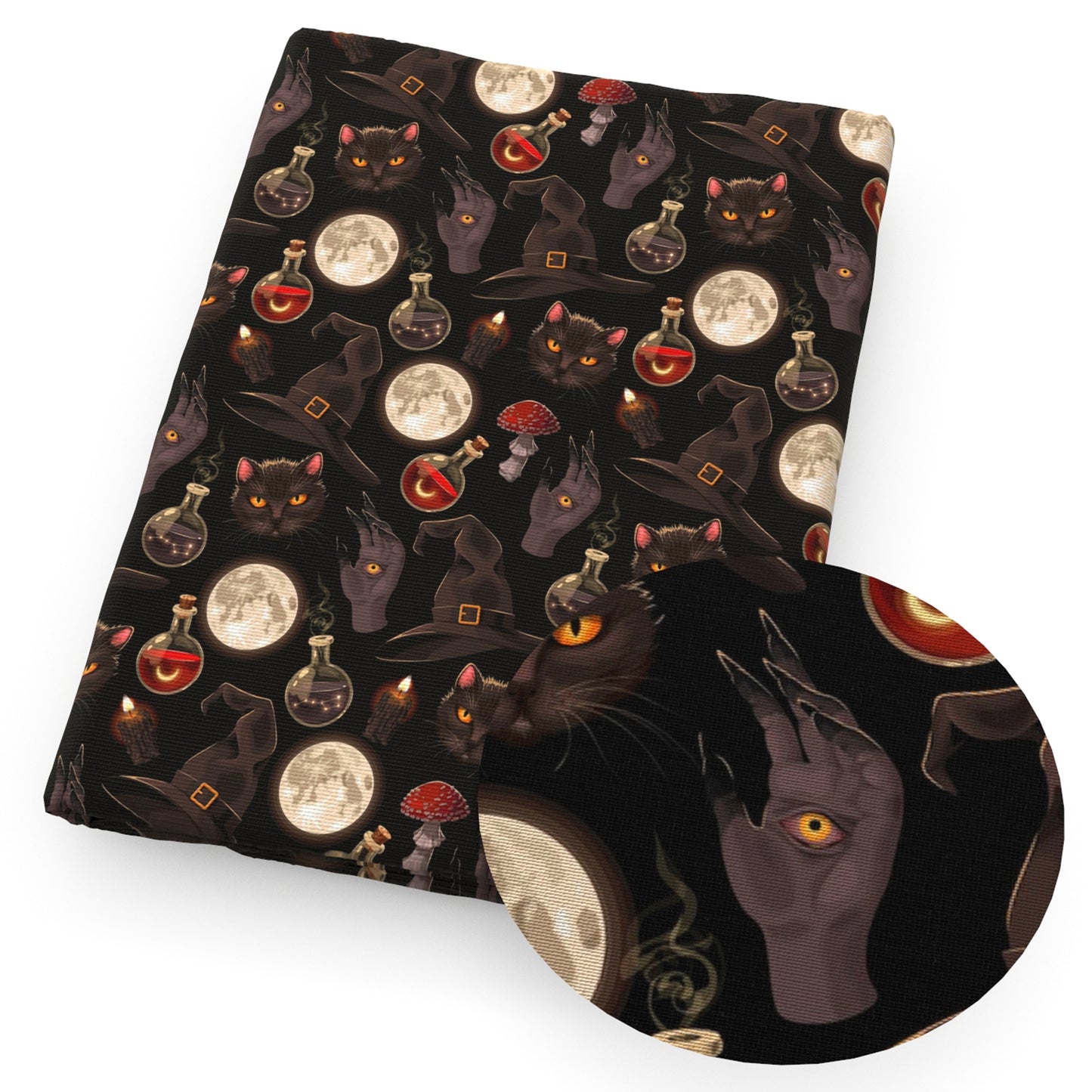 caphat handpalm mushroom moon candles cat wine bottle halloween fabric