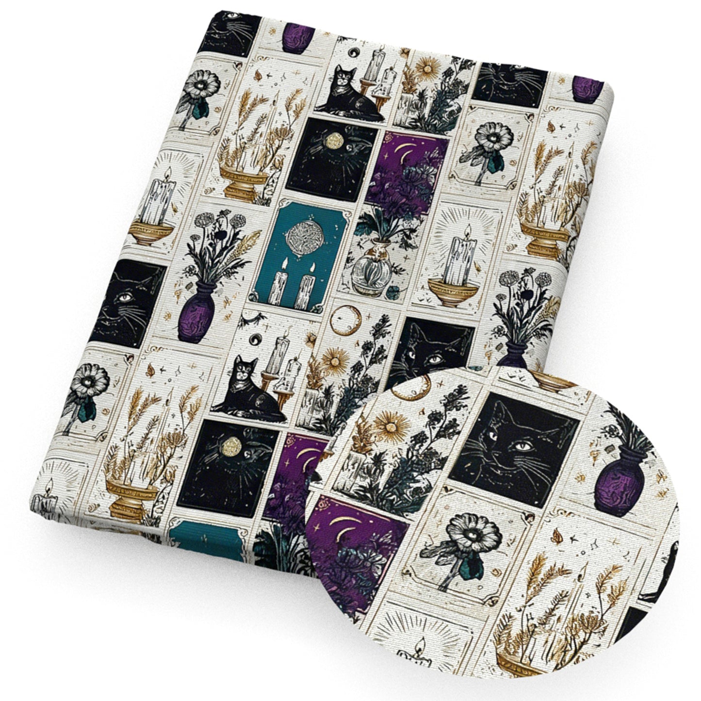 cat moon candles tarot card flowerfloral vase fabric