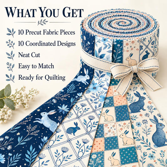 10pcs Vintage Blue Rabbit Floral Theme Jelly Roll Fabric Strips 2.5X19.7inch Pre-Cut 100% Polyester For Patchwork Quilts, Table Runners, Placemats, Tote Bags, Storage Pouches, Makeup Bags, Coasters, Quilt Blocks & Binding