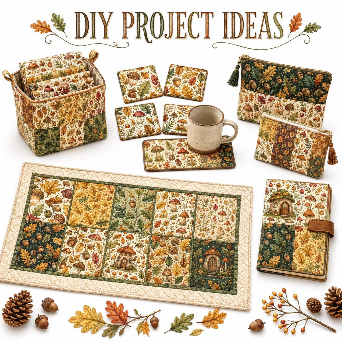 10Pc/Set Autumn Leaves Mushroom Pinecones Series Fat Quarter Fabric, Pre-Cut Square Fabric Assort, Fabric Set, Craft Fabric, Handmade DIY Patchwork Fabric,Home Quilting Sewing Fabric, Packaging Fabric, Scrapbooking Craft Hobbyist