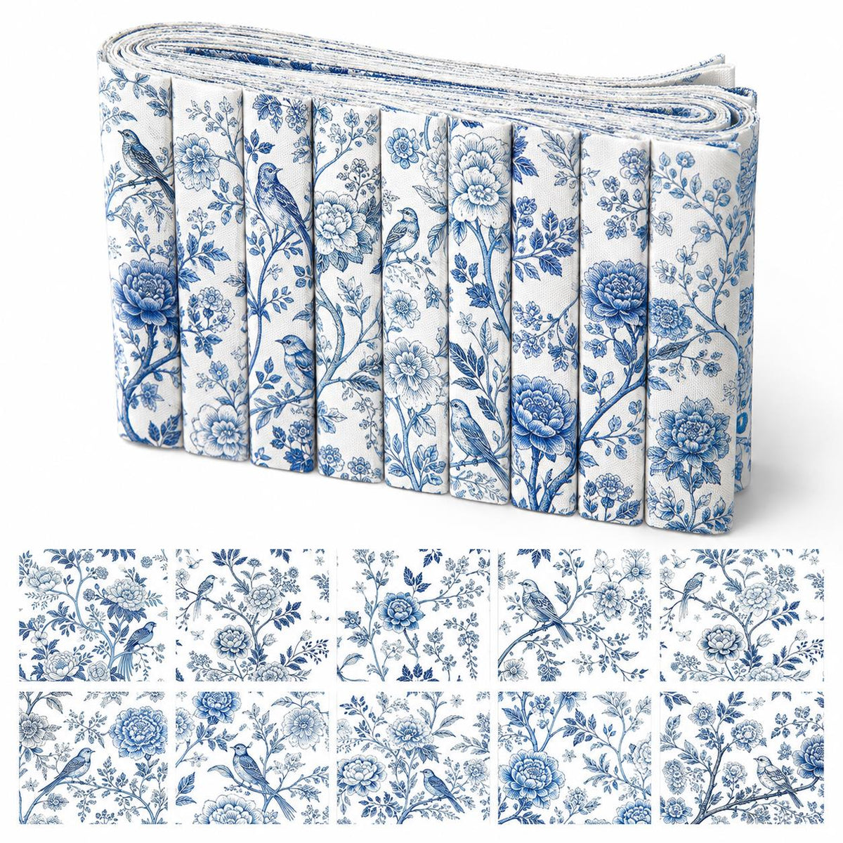 10pcs Vintage Blue Floral Pattern Jelly Roll Fabric Strips 2.5X19.7inch Pre-Cut 100% Polyester For Patchwork Quilts, Table Runners, Placemats, Tote Bags, Storage Pouches, Makeup Bags, Coasters, Quilt Blocks & Binding