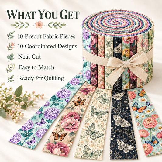 10pcs Vintage Floral Butterfly Pattern Jelly Roll Fabric Strips 2.5X19.7inch Pre-Cut 100% Polyester For Patchwork Quilts, Table Runners, Placemats, Tote Bags, Storage Pouches, Makeup Bags, Coasters, Quilt Blocks & Binding
