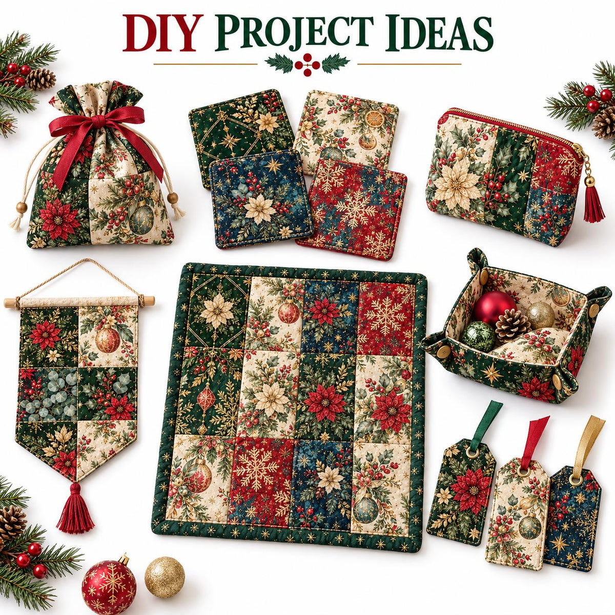 10Pc/Set Christmas Flower Series Star Holly Pinecones Fat Quarter Fabric, Pre-Cut Square Fabric Assort, Fabric Set, Craft Fabric, Handmade DIY Patchwork Fabric,Home Quilting Sewing Fabric, Packaging Fabric, Scrapbooking Craft Hobbyist