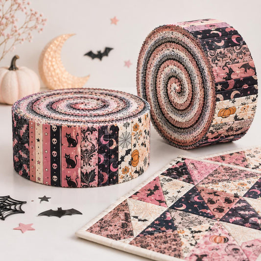10pcs Vintage Skull Bat Cat Halloween Theme Jelly Roll Fabric Strips 2.5X19.7inch Pre-Cut 100% Polyester For Patchwork Quilts, Table Runners, Placemats, Tote Bags, Storage Pouches, Makeup Bags, Coasters, Quilt Blocks & Binding