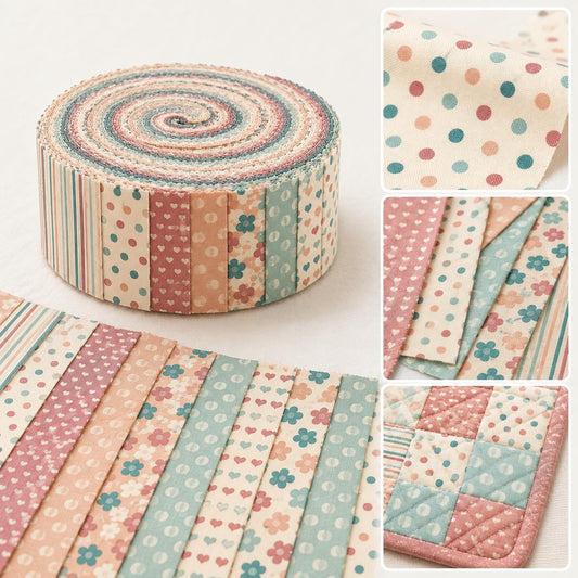 10pcs Vintage Dot Flower Pattern Jelly Roll Fabric Strips 2.5X19.7inch Pre-Cut 100% Polyester For Patchwork Quilts, Table Runners, Placemats, Tote Bags, Storage Pouches, Makeup Bags, Coasters, Quilt Blocks & Binding