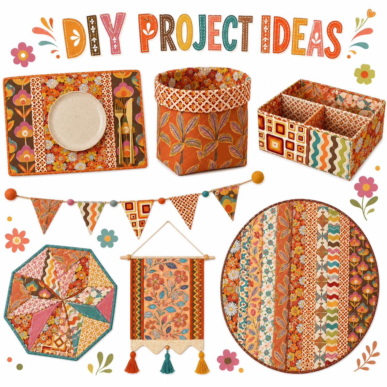 10pcs Vintage Floral Orange Pattern Jelly Roll Fabric Strips 2.5X19.7inch Pre-cut 100% Polyester for Patchwork Quilts, Table Runners, Placemats, Tote Bags, Storage Pouches, Makeup Bags, Coasters, Quilt Blocks & Binding