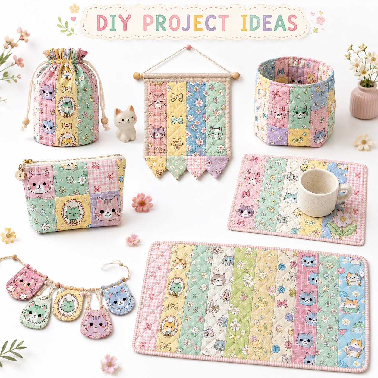 10pcs Vintage Floral Cat Pattern Jelly Roll Fabric Strips 2.5X19.7inch Pre-Cut 100% Polyester For Patchwork Quilts, Table Runners, Placemats, Tote Bags, Storage Pouches, Makeup Bags, Coasters, Quilt Blocks & Binding