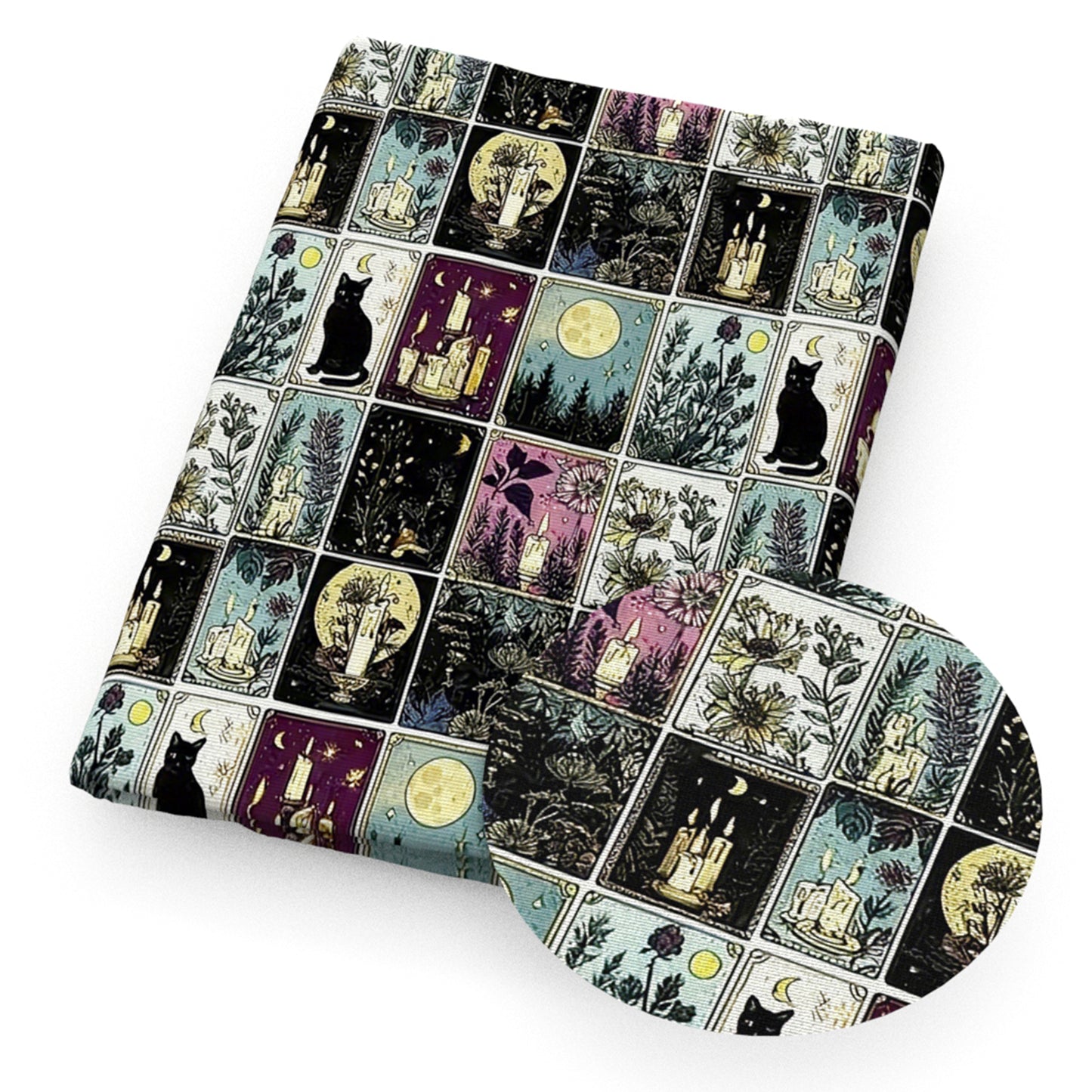 plaid grid cat moon candles sunflower tarot card fabric