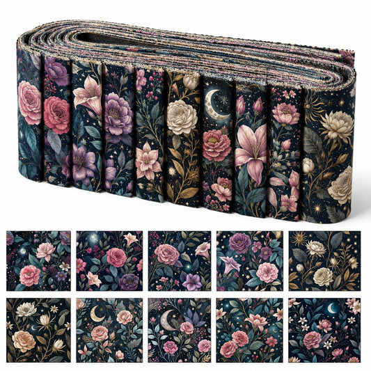 10pcs Vintage Floral Burgundy Moon Pattern Jelly Roll Fabric Strips 2.5X19.7inch Pre-Cut 100% Polyester For Patchwork Quilts, Table Runners, Placemats, Tote Bags, Storage Pouches, Makeup Bags, Coasters, Quilt Blocks & Binding