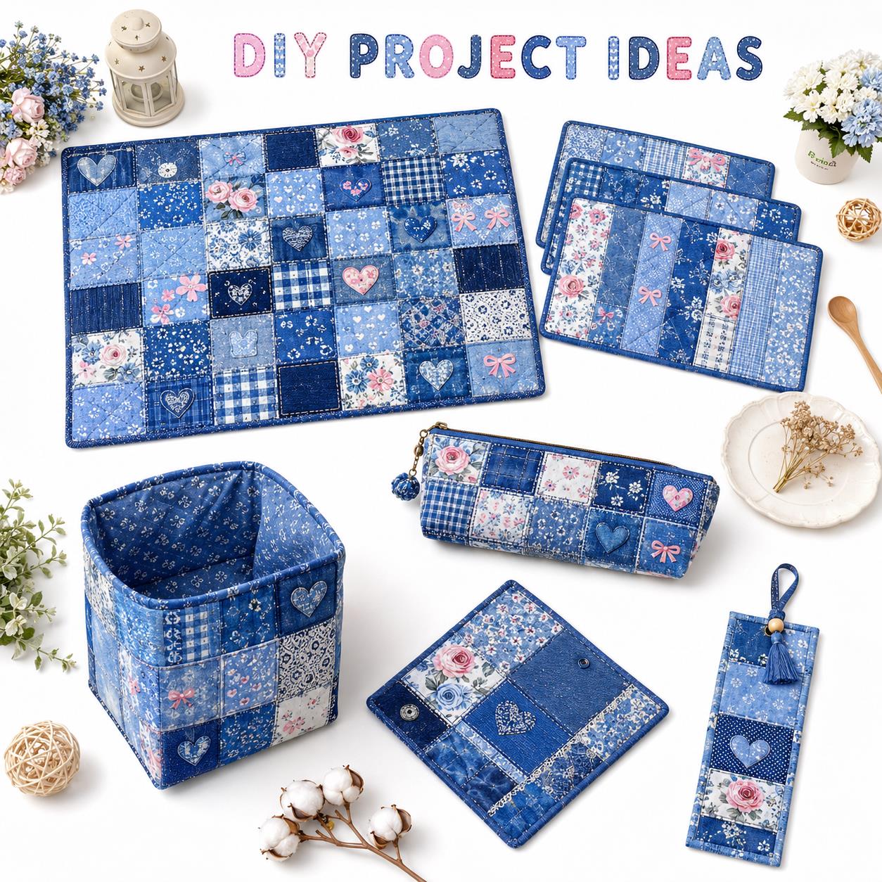 20pcs Vintage Denim Pattern Blue Series Jelly Roll Sliced Fabric Strips 2.5X19.7inch Pre-Cut Floral Bow Knot Printed Multi-Color 100% Polyester For DIY Handmade Patchwork, Table Runners, Placemats, Tote Bags, Storage Pouches, Makeup Bags, Coasters