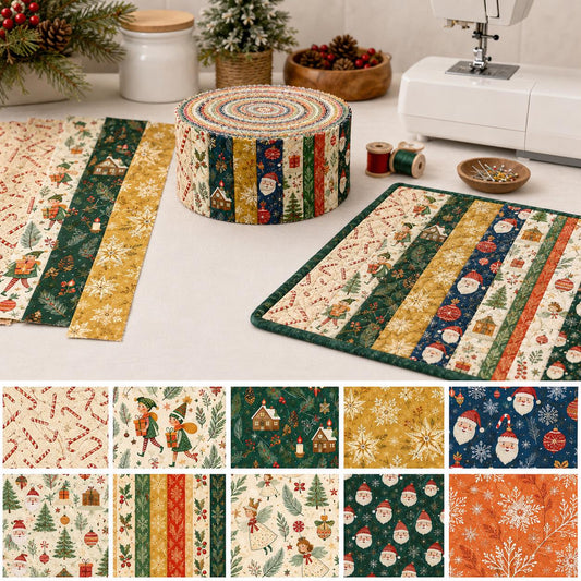 10pcs Vintage Christmas Santa Pattern Jelly Roll Fabric Strips 2.5X19.7inch Pre-Cut 100% Polyester For Patchwork Quilts, Table Runners, Placemats, Tote Bags, Storage Pouches, Makeup Bags, Coasters, Quilt Blocks & Binding