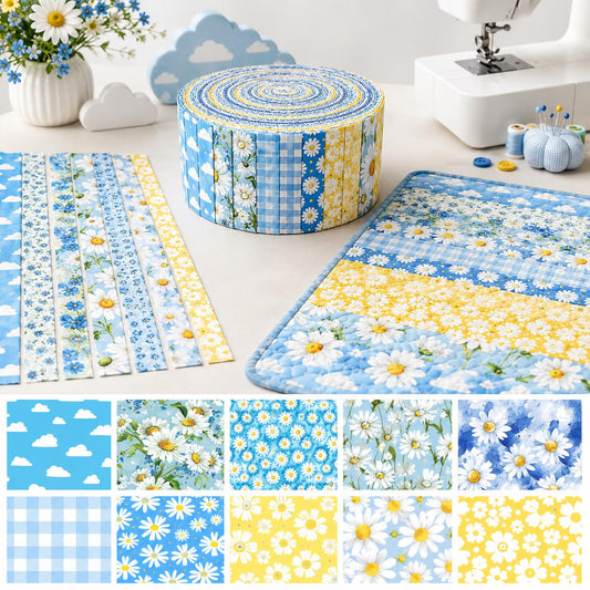 10Pc/Set, Making 10 Images 1pc Each, Each Size: 6.3*50cm Floral Daisy Blue Series Sliced Fabric Set Style Combination, Polyester Jelly Roll Fabric Strips, Pre-Cut Quilting Squares, For Quilting DIY, Handicrafts And Sewing, Blankets, Rugs