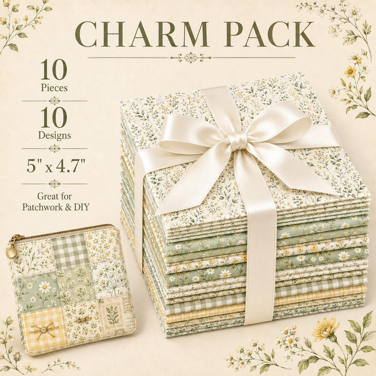 10pcs Charm Pack Set Green Floral Pattern 100% Polyester Patchwork in 10 Design Styles, Ready-to-Sew Without Cutting, Suitable For Patchwork Wallet Making Gift Giving Tote Bags Coasters DIY Craft Projects