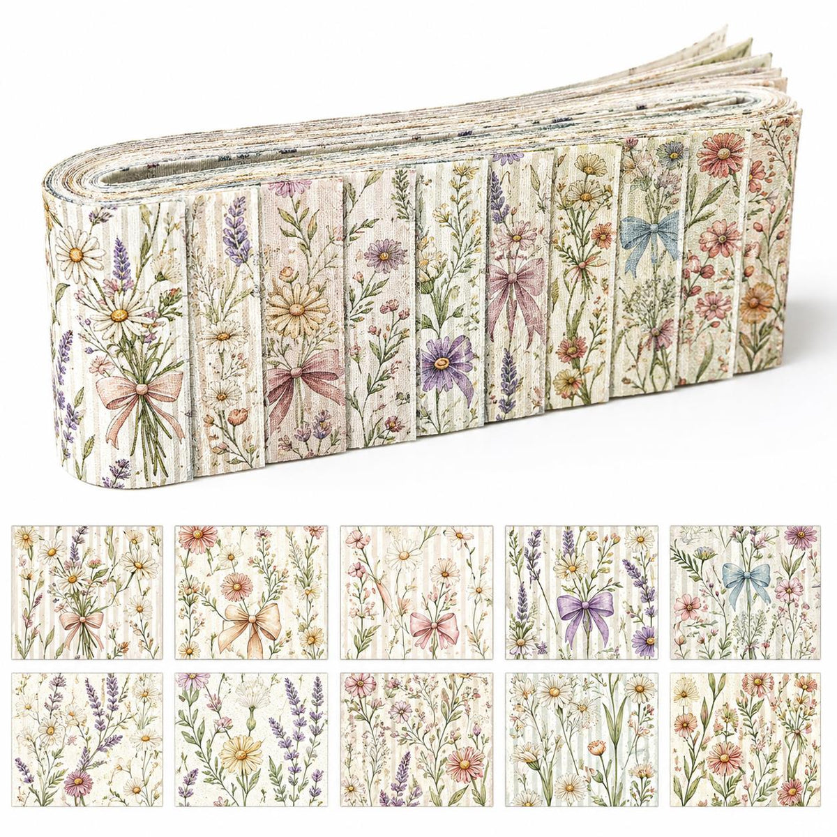 10pcs Vintage Floral Pattern Jelly Roll Fabric Strips 2.5X19.7inch Pre-Cut 100% Polyester For Patchwork Quilts, Table Runners, Placemats, Tote Bags, Storage Pouches, Makeup Bags, Coasters, Quilt Blocks & Binding