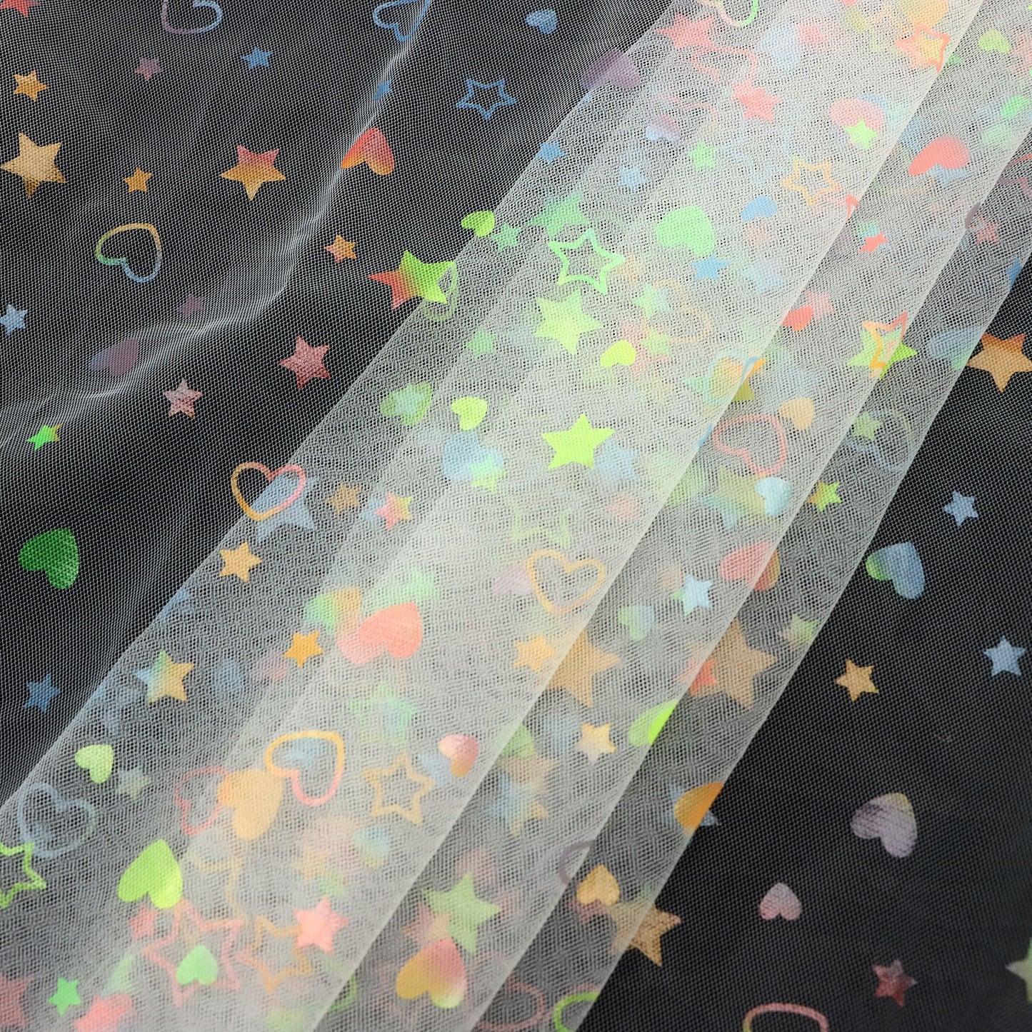 1pc Rainbow Hollow Heart Star Tulle Fabric - 59x19.68Inch Pre-Cut Polyester, Vibrant Colors, Perfect for DIY Bows, Sewing, Bags, Party Decor, Tablecloths, Gift Wrapping, Cushions & Furniture Covers, Craft Supplies|Vibrant Tulle Fabric|Sewing Supplies