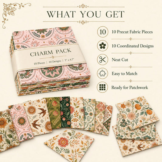 10pcs Charm Pack Set Floral Pattern 100% Polyester Patchwork in 10 Design Styles, Ready-to-Sew Without Cutting, Suitable For Patchwork Wallet Making Gift Giving Tote Bags Coasters DIY Craft Projects