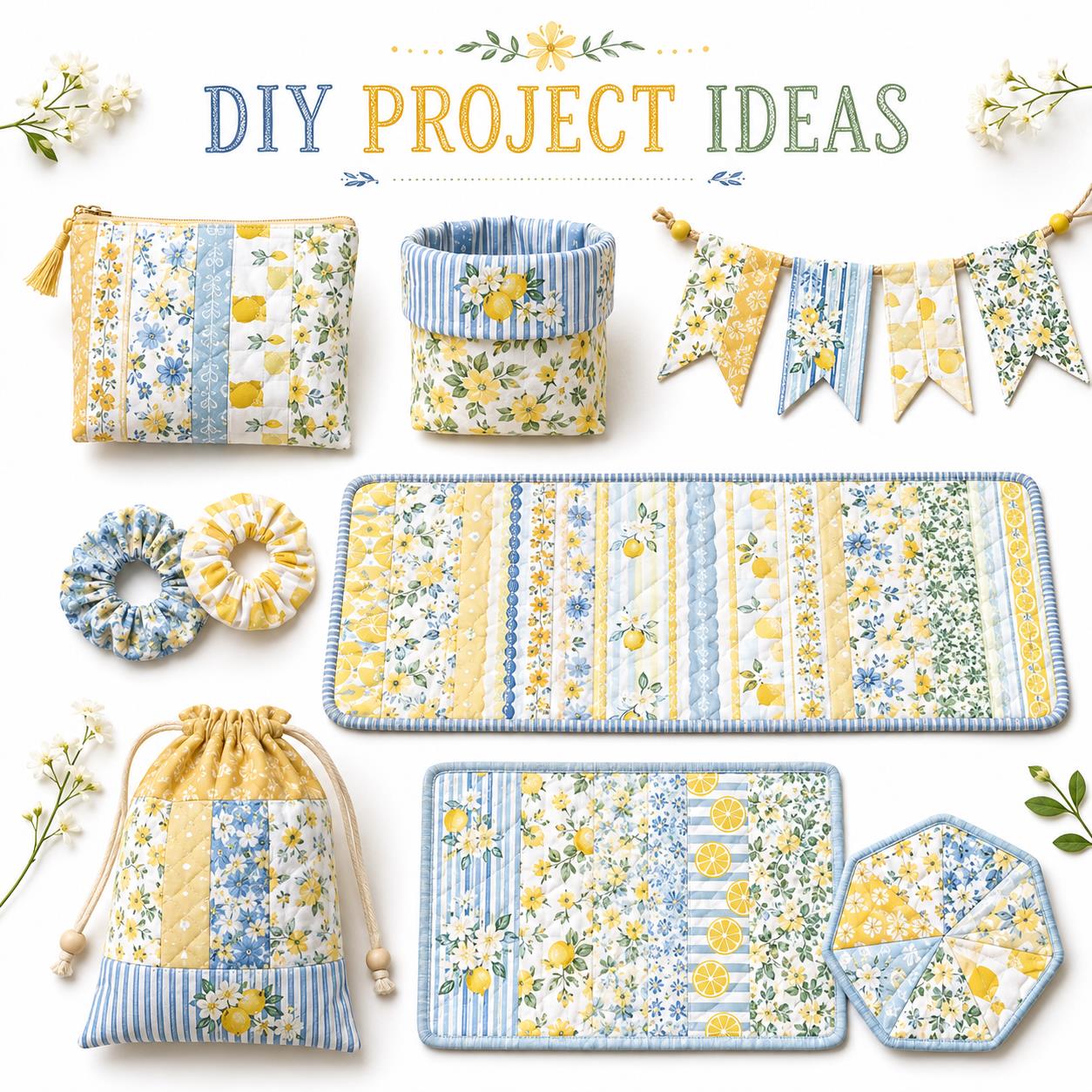 10Pc/Set, Making 10 Images 1pc Each, Each Size: 6.3*50cm Floral Plaid Lemon Series Sliced Fabric Set Style Combination, Polyester Jelly Roll Fabric Strips, Pre-Cut Quilting Squares, For Quilting DIY, Handicrafts And Sewing, Blankets, Rugs