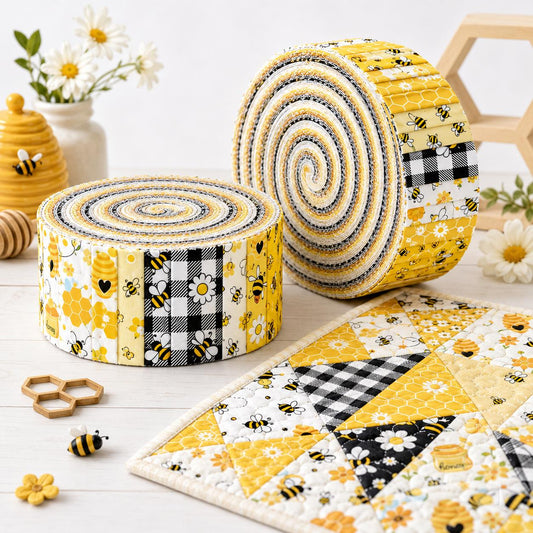 10pcs Vintage Bee Honey Spring Theme Jelly Roll Fabric Strips 2.5X19.7inch Pre-Cut 100% Cotton For Patchwork Quilts, Table Runners, Placemats, Tote Bags, Storage Pouches, Makeup Bags, Coasters, Quilt Blocks & Binding