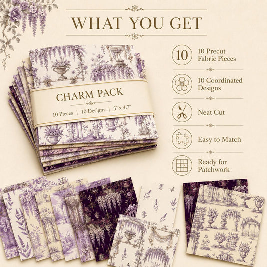 10pcS Charm Pack Set Lavender Floral Pattern VIntage Style Handmade DIY With Rich Color and Texture Elements 100% Polyester Patchwork in 10 Design Styles Suitable For Patchwork DIY Craft Projects DIY Wallet Making Gift Giving Bag Making Mother's Day Gift