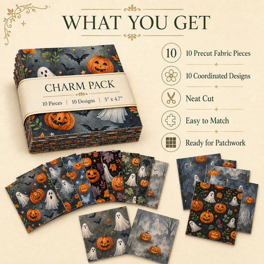 10pcs Charm Pack Set Ghost Pumpkin Halloween Vintage Style Pattern Handmade DIY with Rich Color and Texture Elements 100% Polyester Patchwork in 10 Design Styles Suitable for Patchwork DIY Craft Projects DIY Wallet Making Gift Giving Bag Making