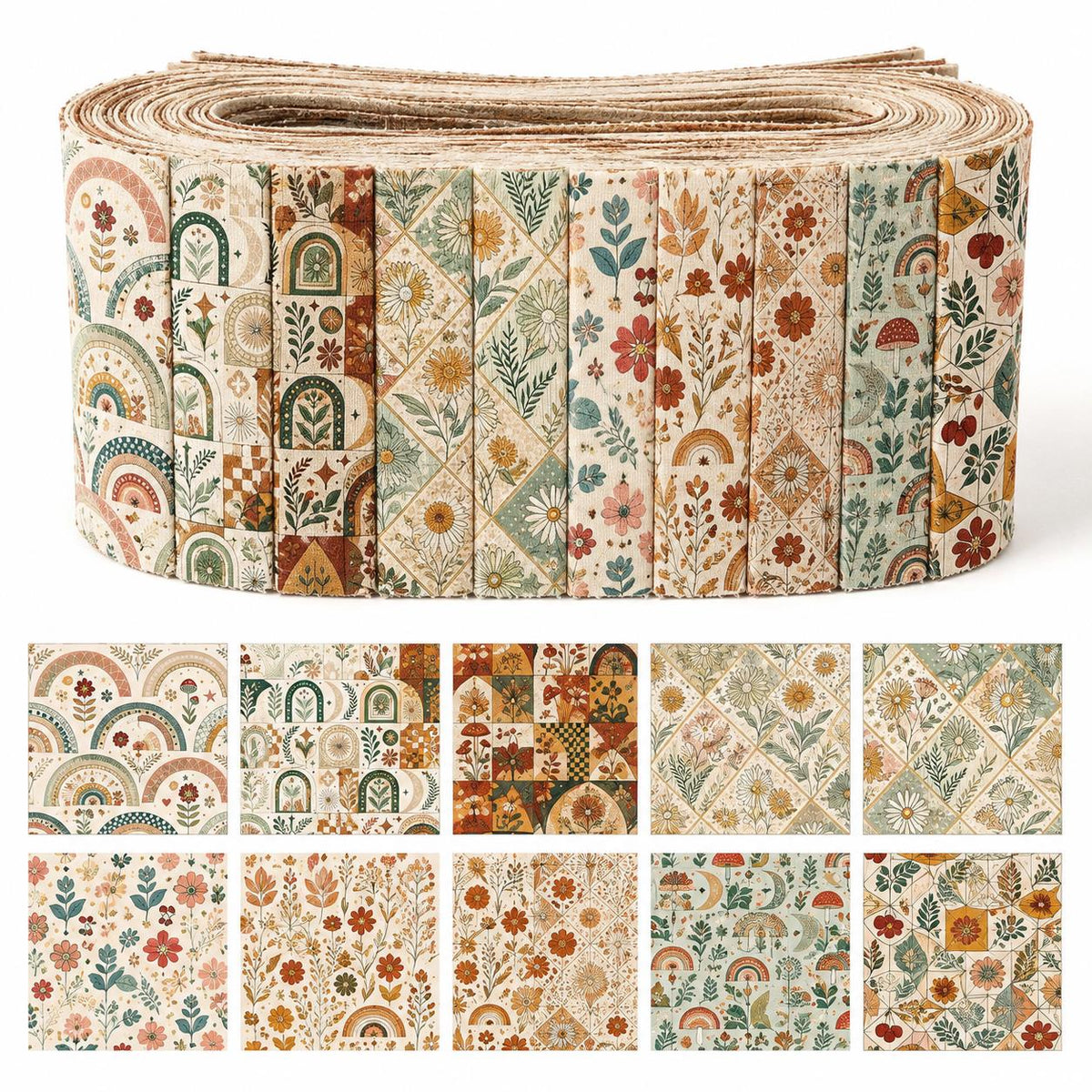 10pcs Vintage Floral Pattern Jelly Roll Fabric Strips 2.5X19.7inch Pre-Cut 100% Polyester For Patchwork Quilts, Table Runners, Placemats, Tote Bags, Storage Pouches, Makeup Bags, Coasters, Quilt Blocks & Binding