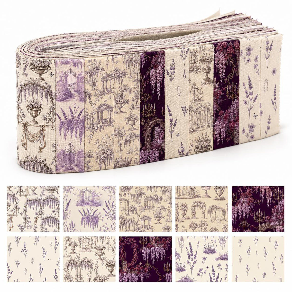 10pcs Vintage Lavender Floral Pattern Jelly Roll Fabric Strips 2.5X19.7inch Pre-Cut 100% Polyester For Patchwork Quilts, Table Runners, Placemats, Tote Bags, Storage Pouches, Makeup Bags, Coasters, Quilt Blocks & Binding