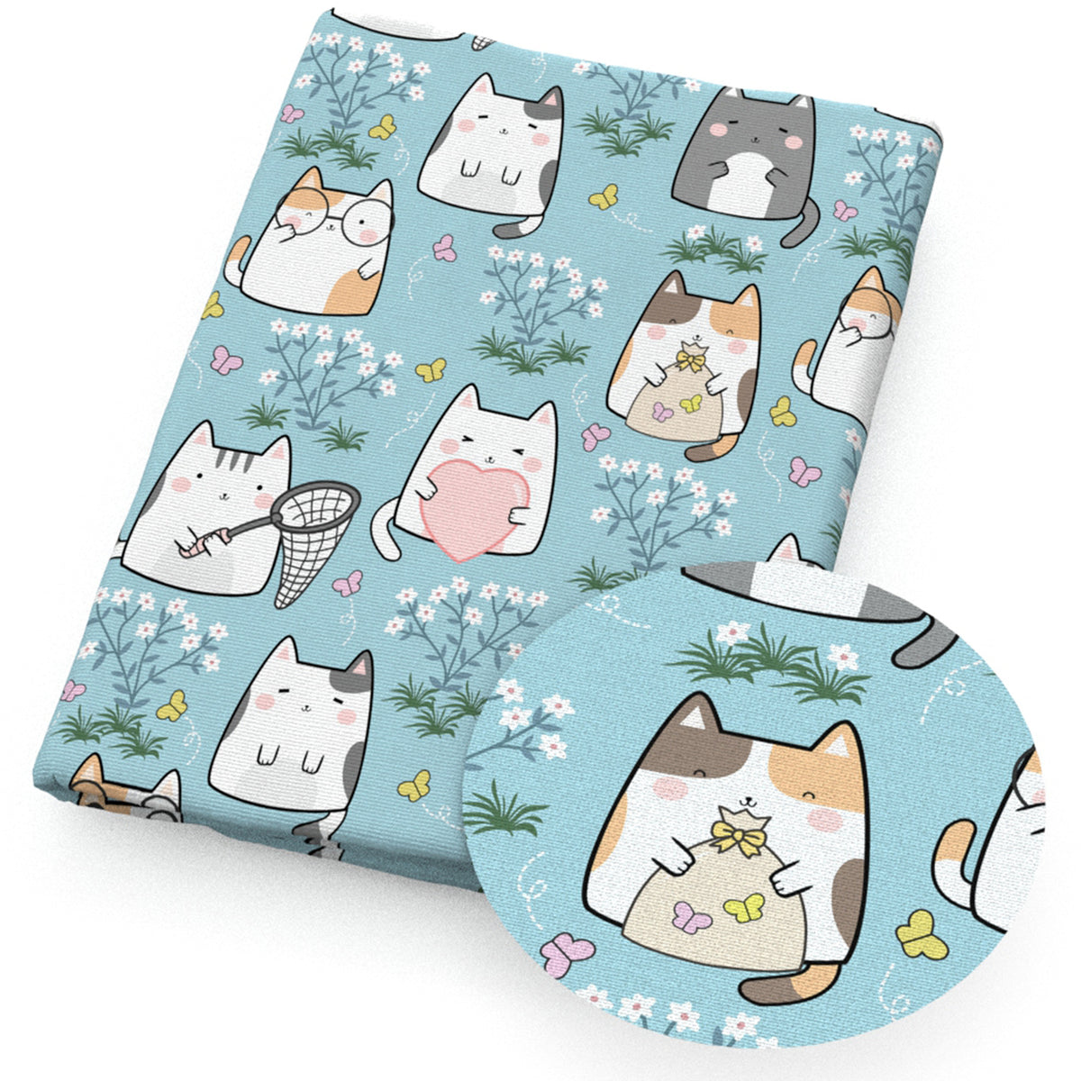 cat heart love butterfly flowerfloral grass fabric