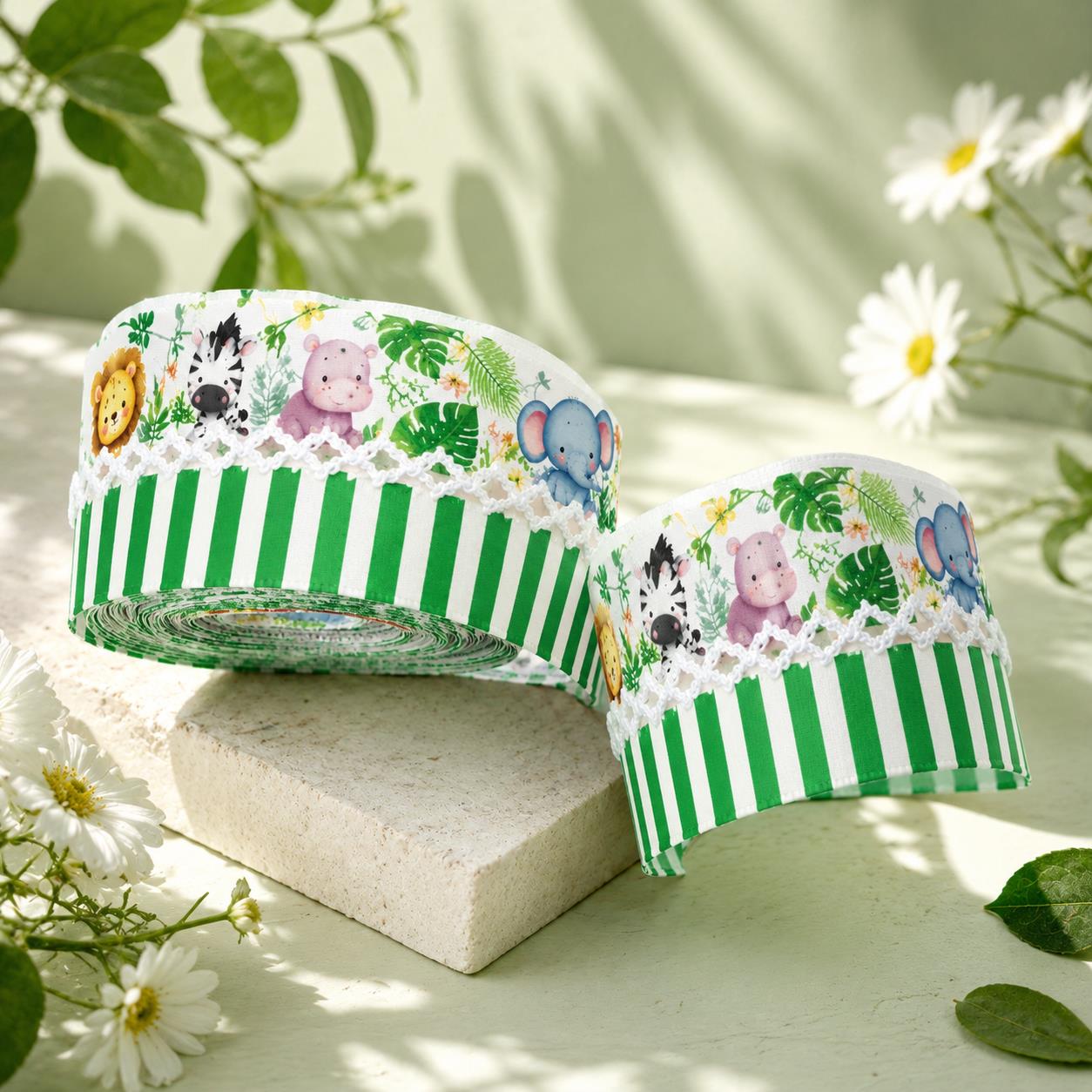 5 Yards Cute Animal Series Ribbon Adorned with Elephant Lions Tiger Stripe Pattern, Width 32mm/1.26-Inch, Two Ribbon Equipped with White Center Hook Edge, Ideal for Showcasing Jewelry And Wrapping Gifts, Creating Bows, Holiday Decorations