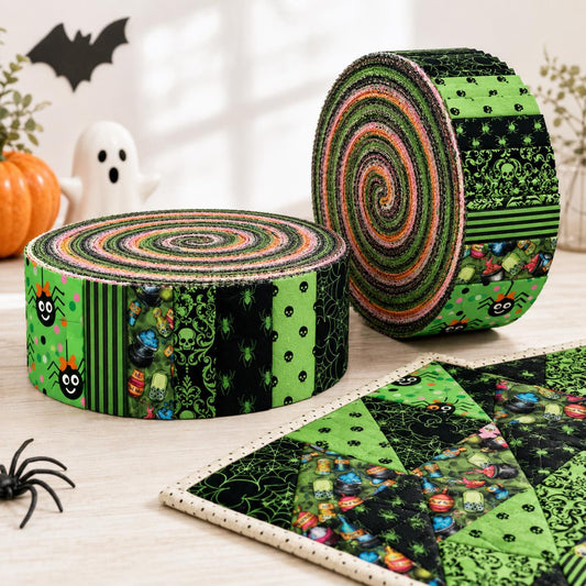 10pcs Vintage Spider Skull Green Halloween Theme Jelly Roll Fabric Strips 2.5X19.7inch Pre-Cut 100% Polyester For Patchwork Quilts, Table Runners, Placemats, Tote Bags, Storage Pouches, Makeup Bags, Coasters, Quilt Blocks & Binding