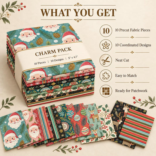 10Pc/Set Christmas Series Flower Stripe Plaid Deer Santa Claus Holly Pinecones Fat Quarter Fabric, Pre-Cut Square Fabric Assort, Fabric Set, Craft Fabric, Handmade DIY Patchwork Fabric,Home Quilting Sewing Fabric, Packaging Fabric, Scrapbooking Craft Hobb