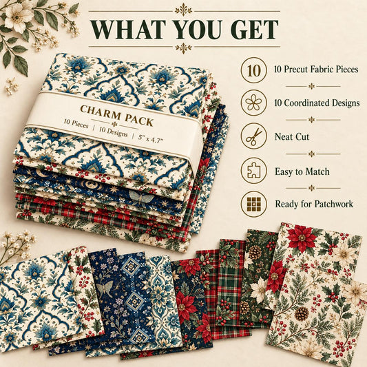 10Pc/Set Christmas Flower Series Plaid Tree Holly Pinecones Fat Quarter Fabric, Pre-Cut Square Fabric Assort, Fabric Set, Craft Fabric, Handmade DIY Patchwork Fabric,Home Quilting Sewing Fabric, Packaging Fabric, Scrapbooking Craft Hobbyist