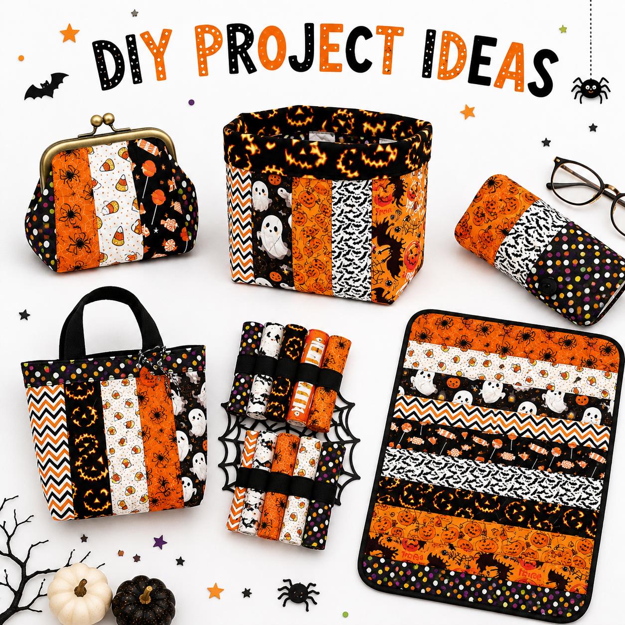 10Pc/Set, Making 10 Images 1pc Each, Each Size: 6.3*50cm Candy Pumpkin Bat Ghost Halloween Series Sliced Fabric Set Style Combination, Polyester Jelly Roll Fabric Strips, Pre-Cut Quilting Squares, For Quilting DIY, Handicrafts And Sewing, Blankets, Rugs