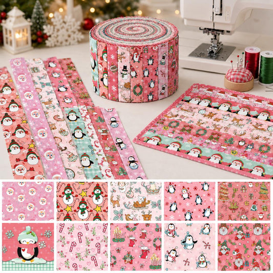 10pcs Vintage Penguin Gift Santa Christmas Winter Theme Jelly Roll Fabric Strips 2.5X19.7inch Pre-Cut 100% Polyester For Patchwork Quilts, Table Runners, Placemats, Tote Bags, Storage Pouches, Makeup Bags, Coasters, Quilt Blocks & Binding