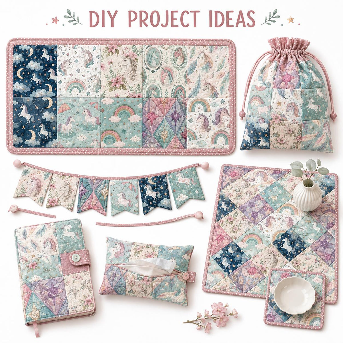 10Pc/Set Unicorn Series Flower Star Moon Umbrella Cloud Fat Quarter Fabric, Pre-Cut Square Fabric Assort, Fabric Set, Craft Fabric, Handmade DIY Patchwork Fabric,Home Quilting Sewing Fabric, Packaging Fabric, Scrapbooking Craft Hobbyist