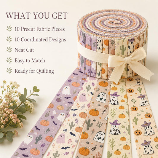 10pcs Vintage Pumpkin Ghost Halloween Theme Jelly Roll Fabric Strips 2.5X19.7inch Pre-Cut 100% Polyester For Patchwork Quilts, Table Runners, Placemats, Tote Bags, Storage Pouches, Makeup Bags, Coasters, Quilt Blocks & Binding