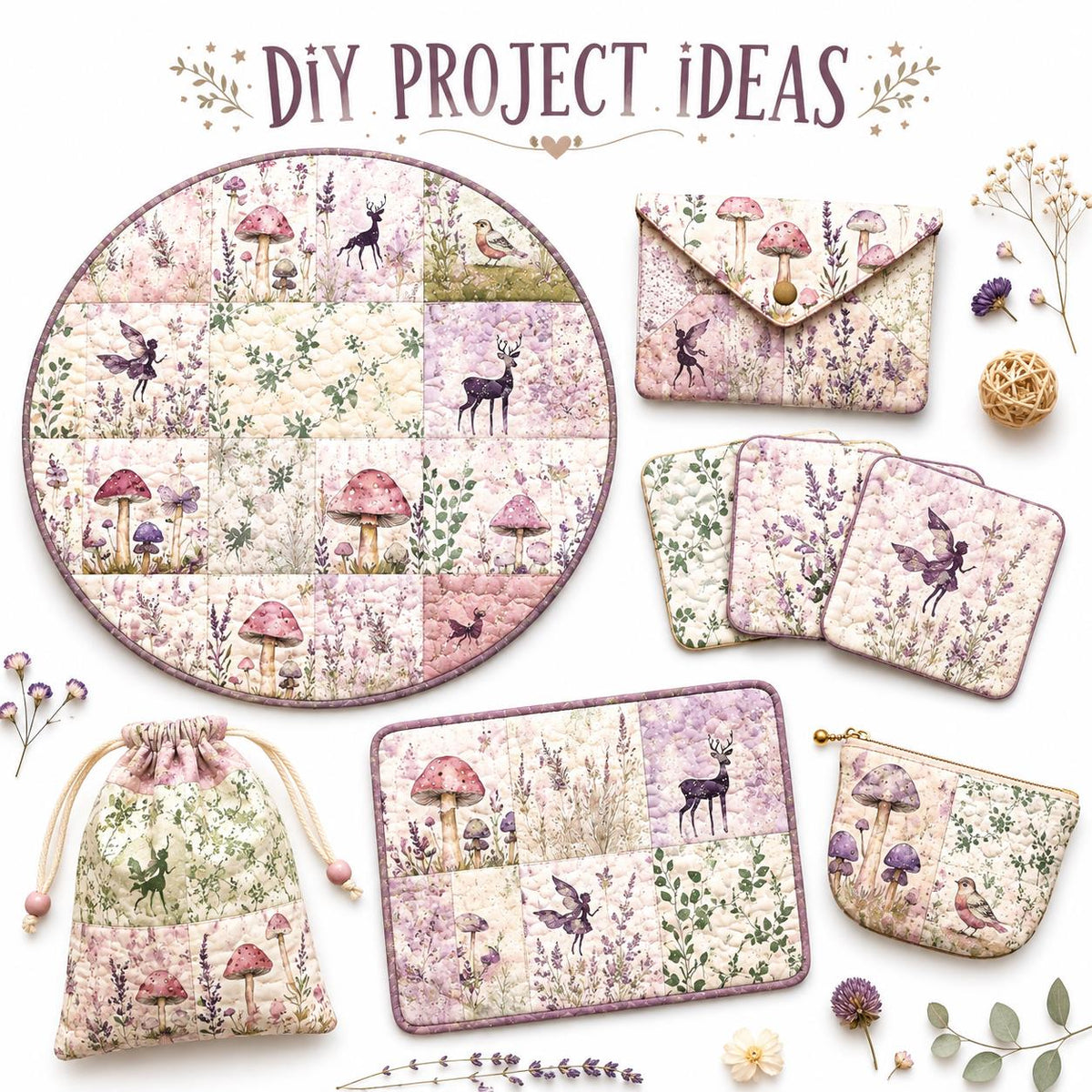 10pcs Charm Pack Set Mushroom Floral Deer Pattern Vintage Style Handmade DIY with Rich Color and Texture Elements 100% Polyester Patchwork in 10 Design Styles Suitable for Patchwork DIY Craft Projects DIY Wallet Making Gift Giving Bag Making Mother's Day