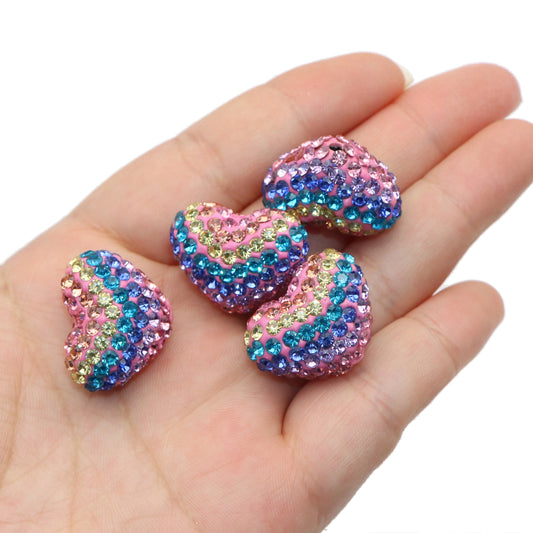 1Pc Faux Rhinestone Polymer Clay Beads Heart Shaped Rainbow Color Loose Spacer Beads with Hole for Jewelry Making DIY Bracelet Necklace Chain Earrings Charm Bangle Decors Craft Supplies