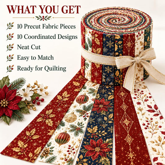 10pcs Vintage Christmas Gift Pattern Jelly Roll Fabric Strips 2.5X19.7inch Pre-Cut 100% Polyester For Patchwork Quilts, Table Runners, Placemats, Tote Bags, Storage Pouches, Makeup Bags, Coasters, Quilt Blocks & Binding