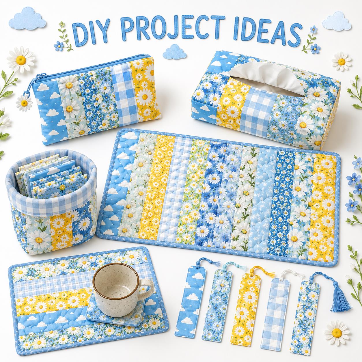 10Pc/Set, Making 10 Images 1pc Each, Each Size: 6.3*50cm Floral Daisy Blue Series Sliced Fabric Set Style Combination, Polyester Jelly Roll Fabric Strips, Pre-Cut Quilting Squares, For Quilting DIY, Handicrafts And Sewing, Blankets, Rugs