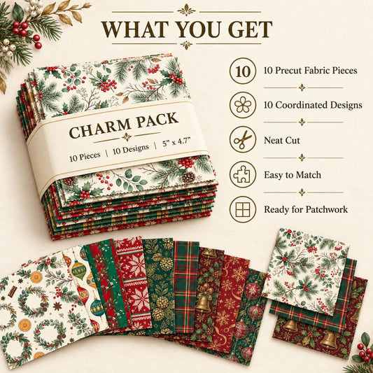 10Pc/Set Christmas Series Stripe Bowknot Wreath Flower Star Plaid Holly Pinecones Fat Quarter Fabric, Pre-Cut Square Fabric Assort, Fabric Set, Craft Fabric, Handmade DIY Patchwork Fabric,Home Quilting Sewing Fabric, Packaging Fabric, Scrapbooking Craft H