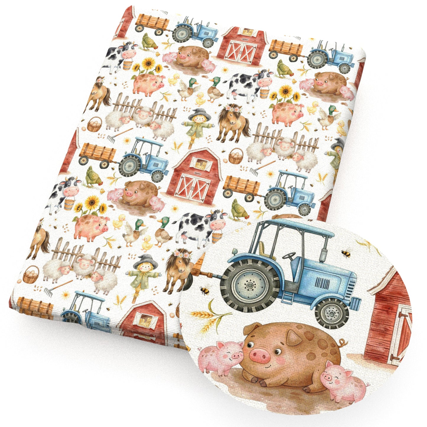 sheep turkey chicken duck ear of wheat scarecrow horse eggs house daisy sunflower cow bee fabric