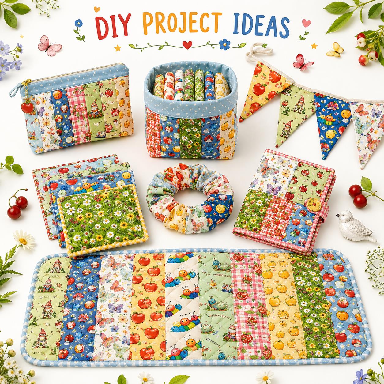 10Pc/Set, Making 10 Images 1pc Each, Each Size: 6.3*50cm Floral Apple Caterpillar Series Sliced Fabric Set Style Combination, Polyester Jelly Roll Fabric Strips, Pre-Cut Quilting Squares, For Quilting DIY, Handicrafts And Sewing, Blankets, Rugs