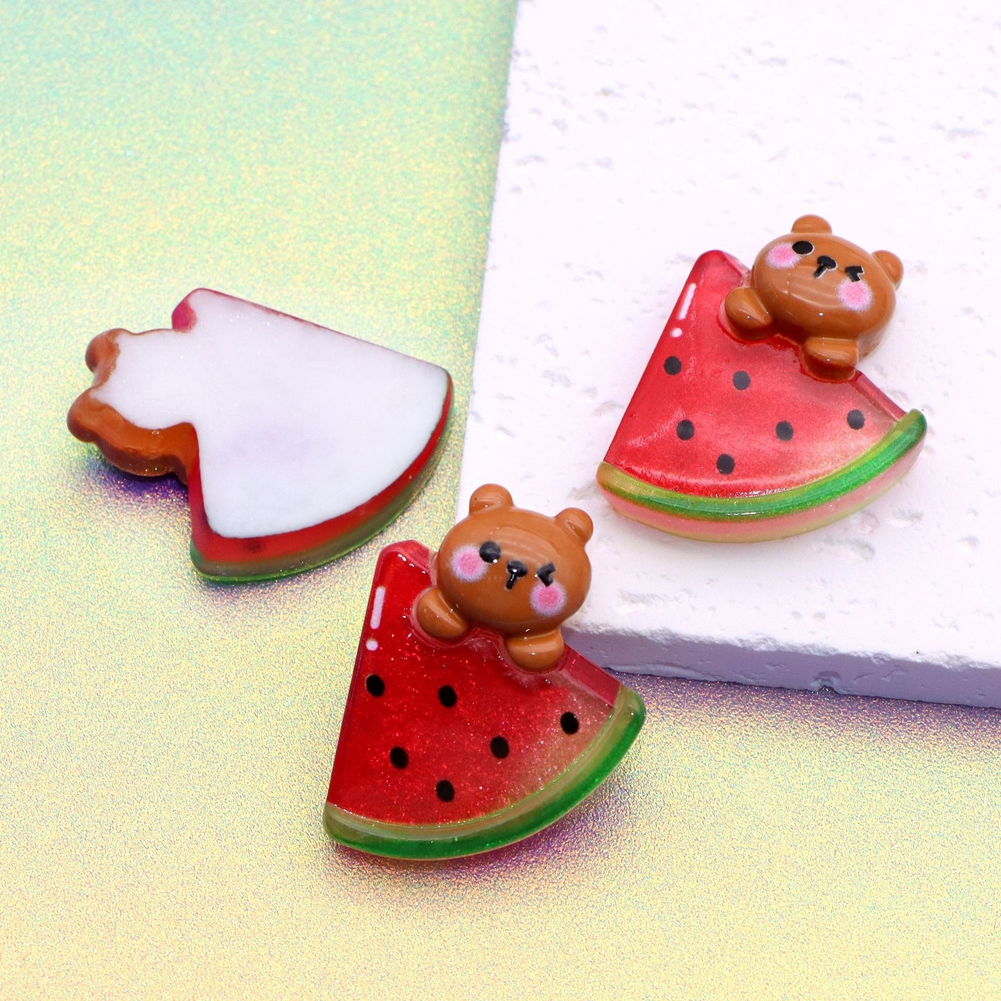 5pcs Acrylic Resin Watermelon Bear Charms-3D Cabochons for DIY Phone Cases, Keychains, Fridge Decor & Accessories