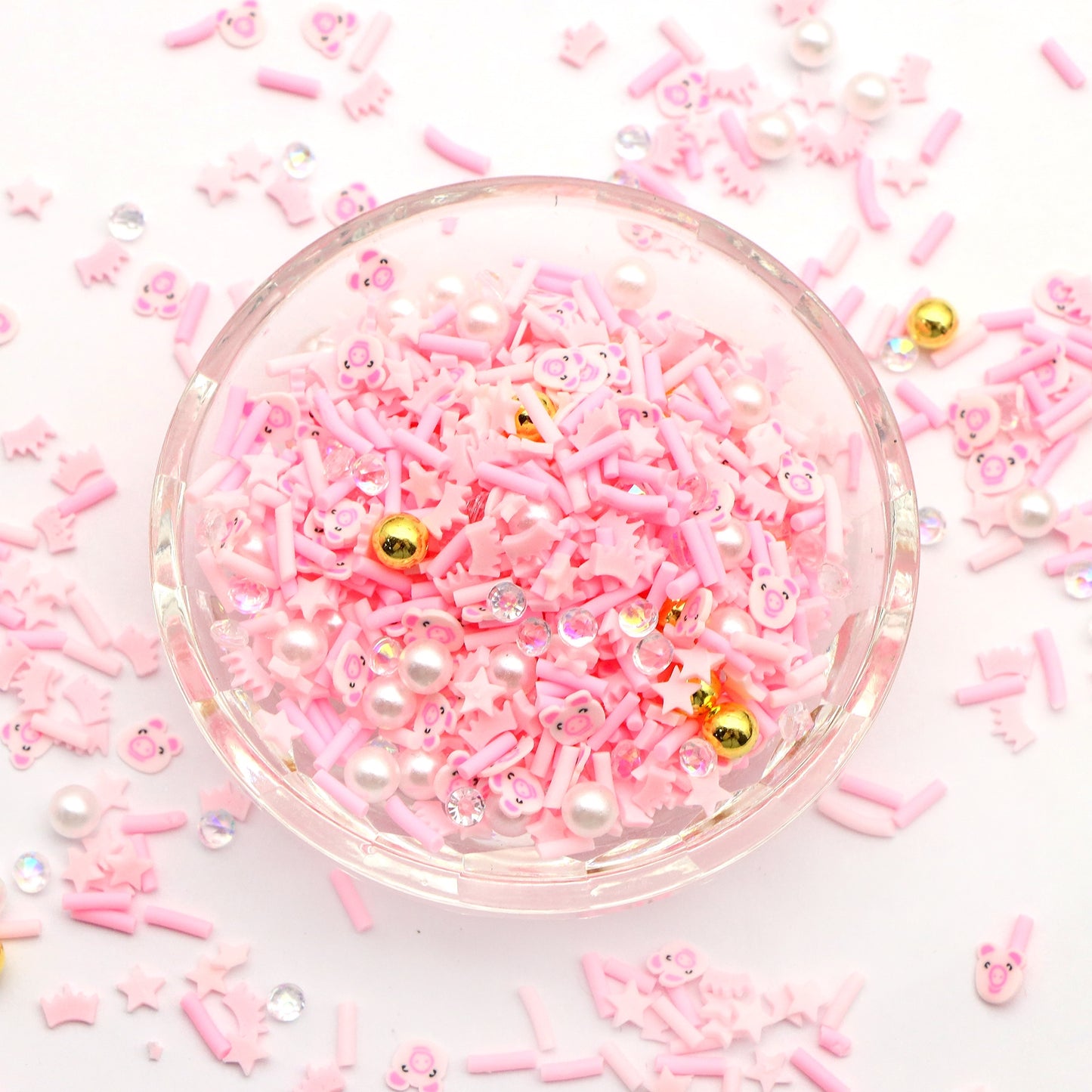 10g Pack Pink Color Pig Animal With Beads Bread Crumbs Crown Soft Polymer Clay Charms, Happy Holiday Nail Decorations for Manicure Design, Professional Nail Supplies Accessories, Filler, Package