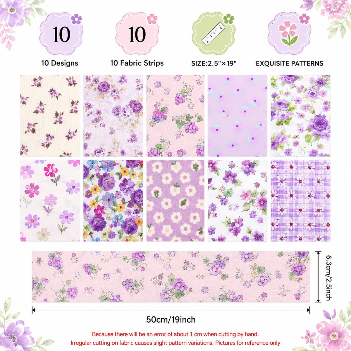10pcs Vintage Floral Purple Pattern Jelly Roll Fabric Strips 2.5X19.7inch Pre-cut 100% Polyester for Patchwork Quilts, Table Runners, Placemats, Tote Bags, Storage Pouches, Makeup Bags, Coasters, Quilt Blocks & Binding Multi-color