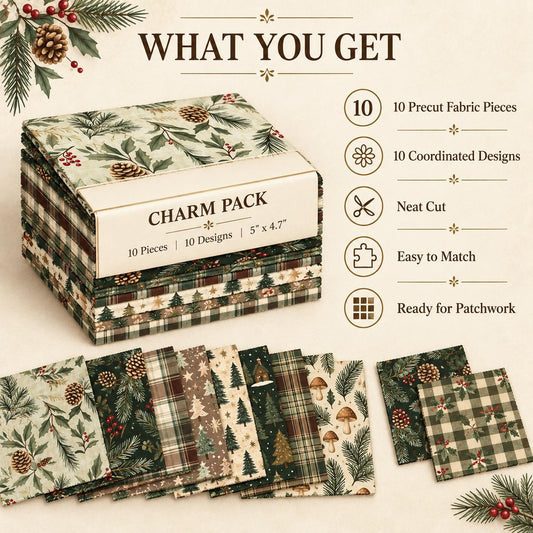 10Pc/set Christmas Series plaid tree mushroom Holly Pinecones Fat Quarter Fabric, Pre-Cut Square Fabric Assort, Fabric Set, Craft Fabric, Handmade DIY Patchwork Fabric,Home Quilting Sewing Fabric, Packaging Fabric, Scrapbooking Craft Hobbyist
