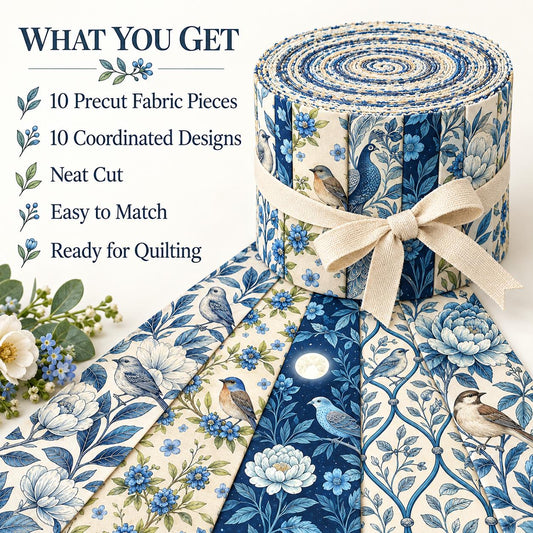 10pcs Vintage Blue Floral Pattern Jelly Roll Fabric Strips 2.5X19.7inch Pre-Cut 100% Polyester For Patchwork Quilts, Table Runners, Placemats, Tote Bags, Storage Pouches, Makeup Bags, Coasters, Quilt Blocks & Binding