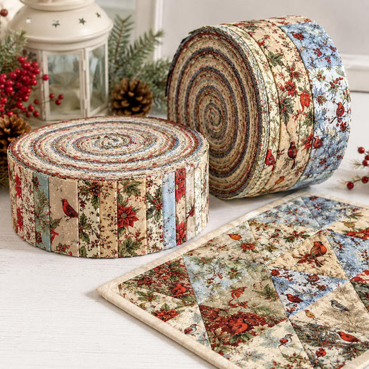 10pcs Vintage Bird Holly Winter Christmas Theme Jelly Roll Fabric Strips 2.5X19.7inch Pre-Cut 100% Polyester For Patchwork Quilts, Table Runners, Placemats, Tote Bags, Storage Pouches, Makeup Bags, Coasters, Quilt Blocks & Binding