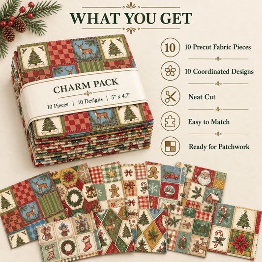 10Pc/Set Christmas Series Bowknot Flower Bell Star Plaid Deer Tree Mouse Holly House Pinecones Northern Cardinal Fat Quarter Fabric, Pre-Cut Square Fabric Assort, Fabric Set, Craft Fabric, Handmade DIY Patchwork Fabric,Home Quilting Sewing Fabric, Packagi